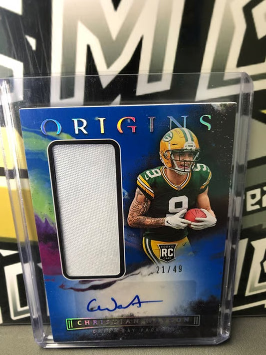 Christian Watson Panini Origins #170 Autographed RC Patch 21/49! Nice! Packers!