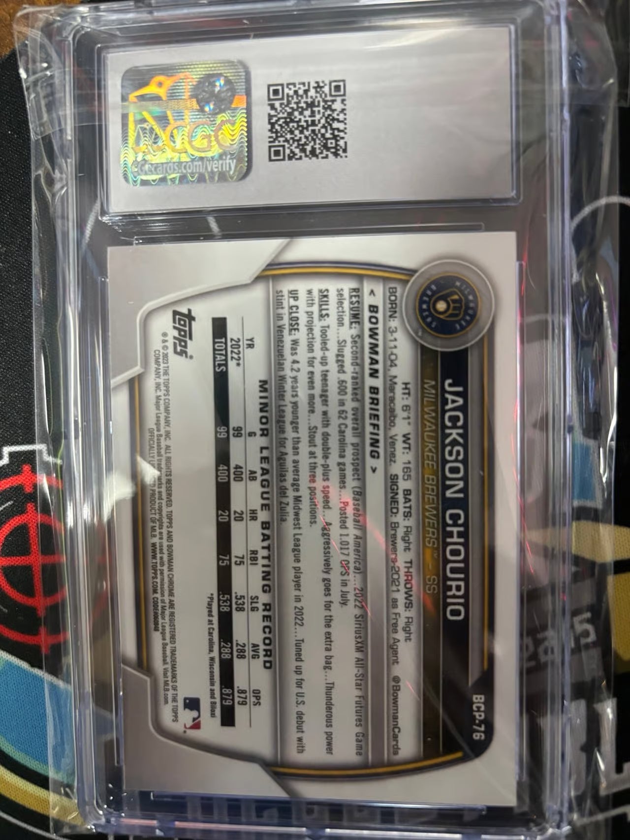 2023 Bowman Sapphire Jackson Chourio #BCP-76 Graded Mint 9!