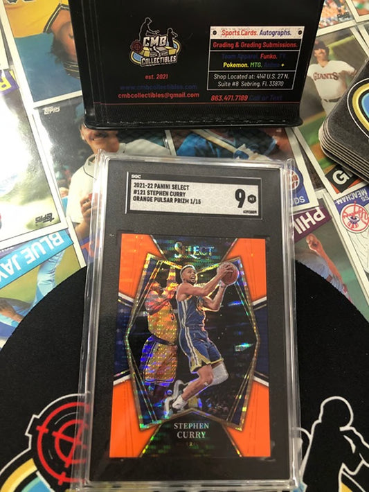 2021-22 Panini Select Steph Curry Orange Pulsar Prizm 1/15! SGC 9!