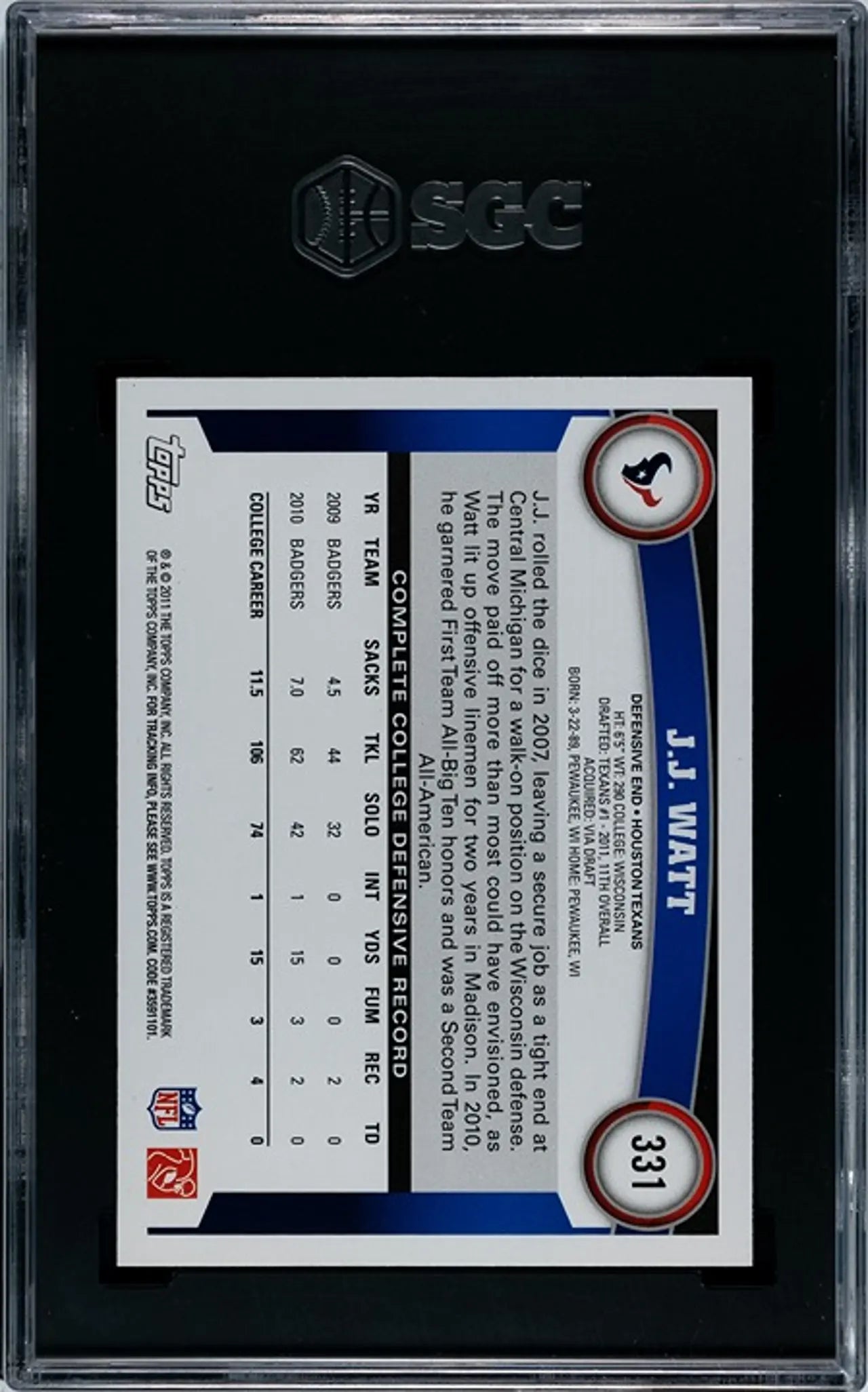 2011 Topps JJ Watt #331 RC SGC 9!