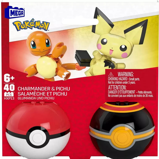 Mega Pokemon Poke Ball 2-Pack, Pichu and Charmander Action Figure Building Toys. New.